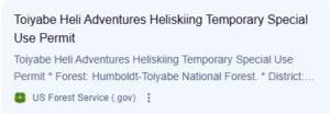 Toiyabe Heliskiing Adventures Temporary Special Use Permit